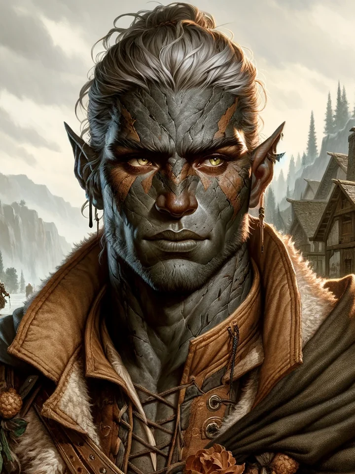 Portrait of a Fellkin with stone-like features and hard golden eyes
