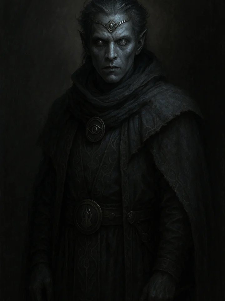Portrait of an Umbravari in dark robes and shadowed blue-grey skin