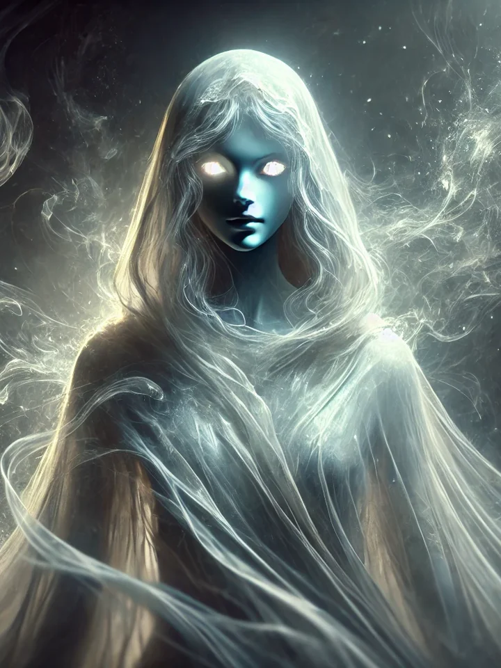 Portrait of a Veilwalker wrapped in pale mist and threshold light