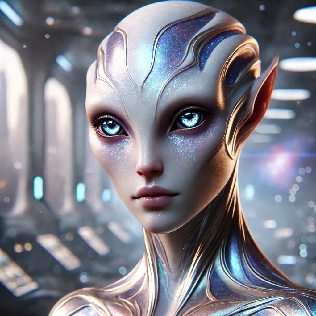 Celestian crystalline species portrait with bright blue eyes
