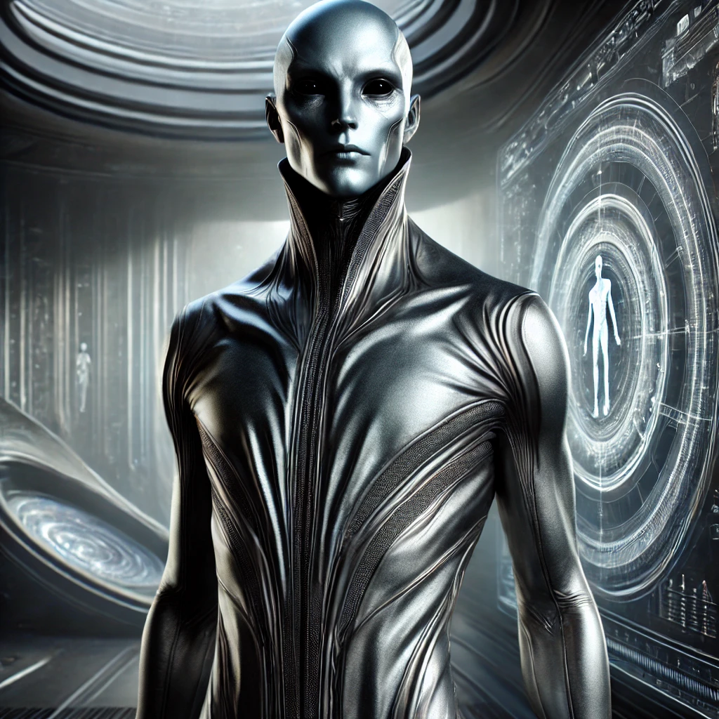 Gharian silver species portrait in a futuristic chamber