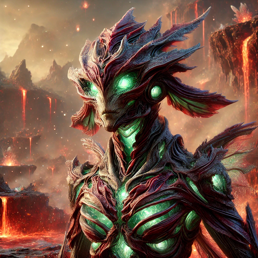 Khelrathi bioluminescent species portrait with organic armour in a volcanic world