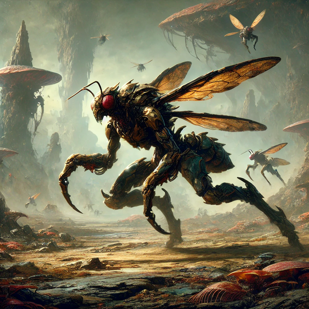 Kryllax insectoid species moving through a hostile alien landscape
