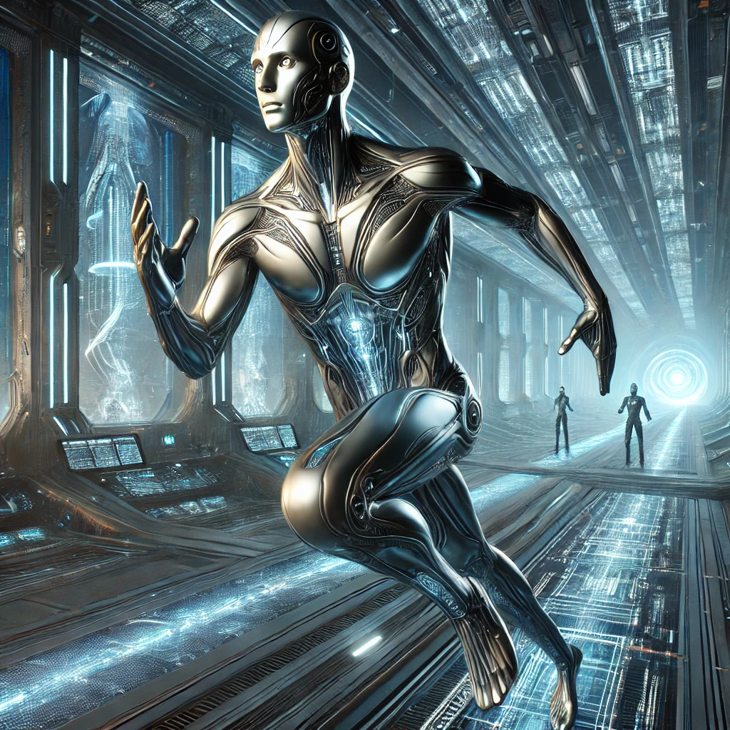 Syntherian synthetic being moving through a luminous starship corridor