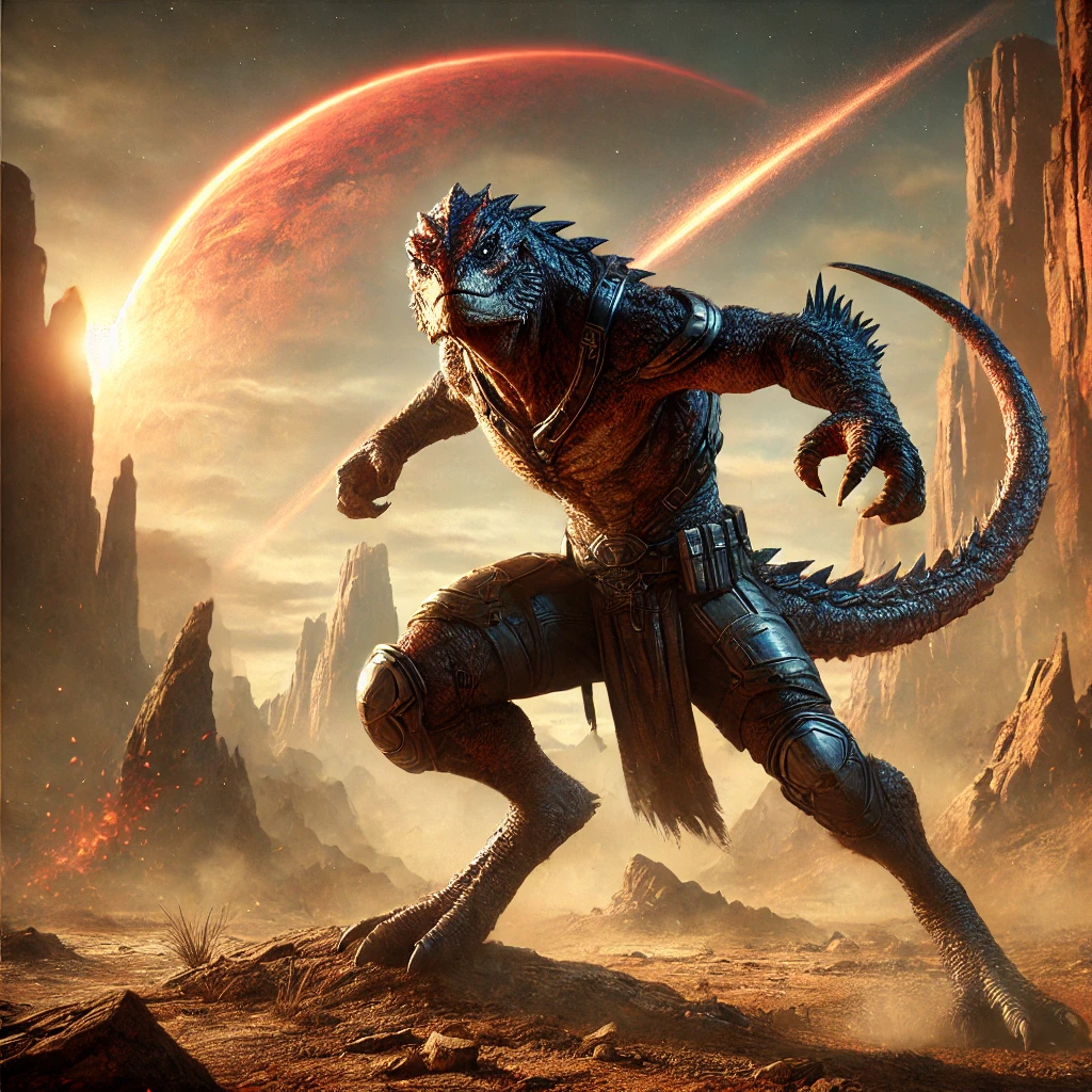 Terrakan reptilian species standing in a red desert world beneath a vast planet