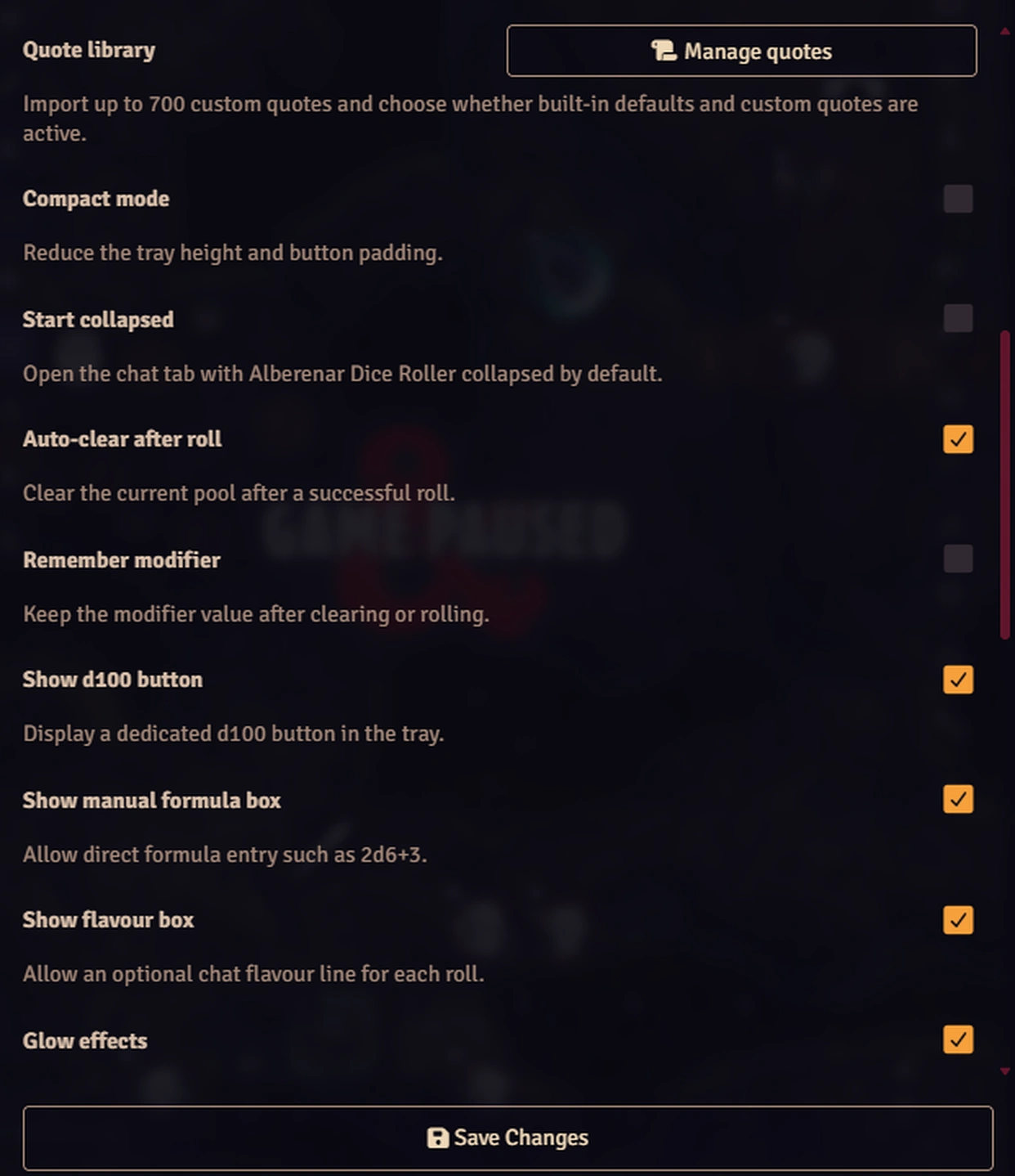 Alberenar Dice Roller settings