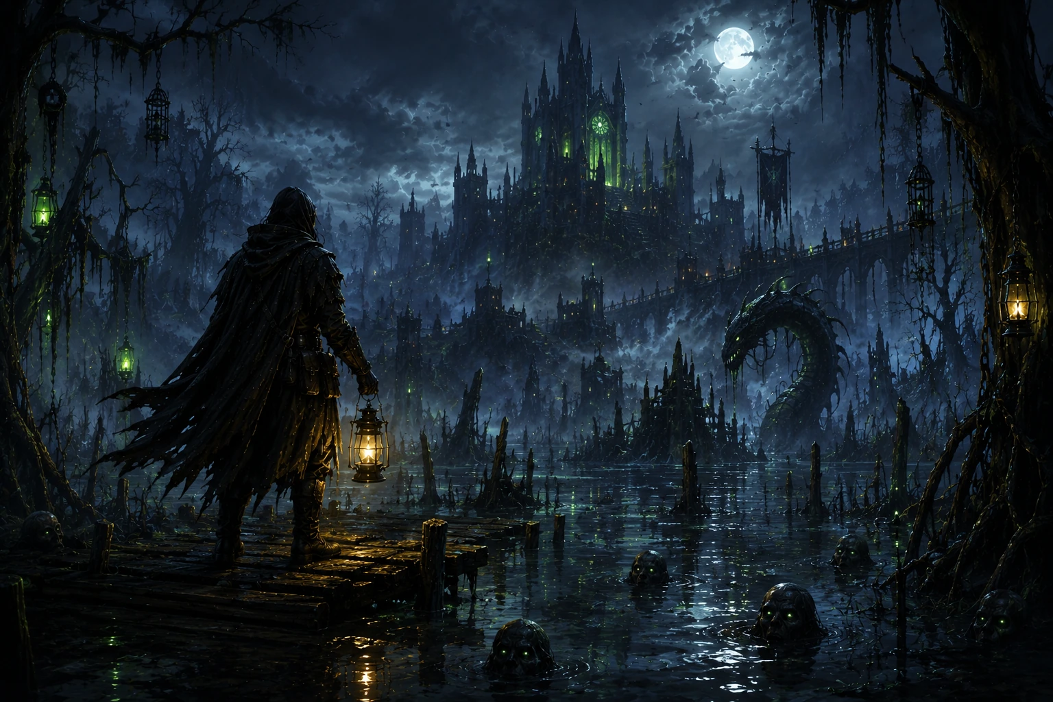 Eerie swamp crossing with green witchlight