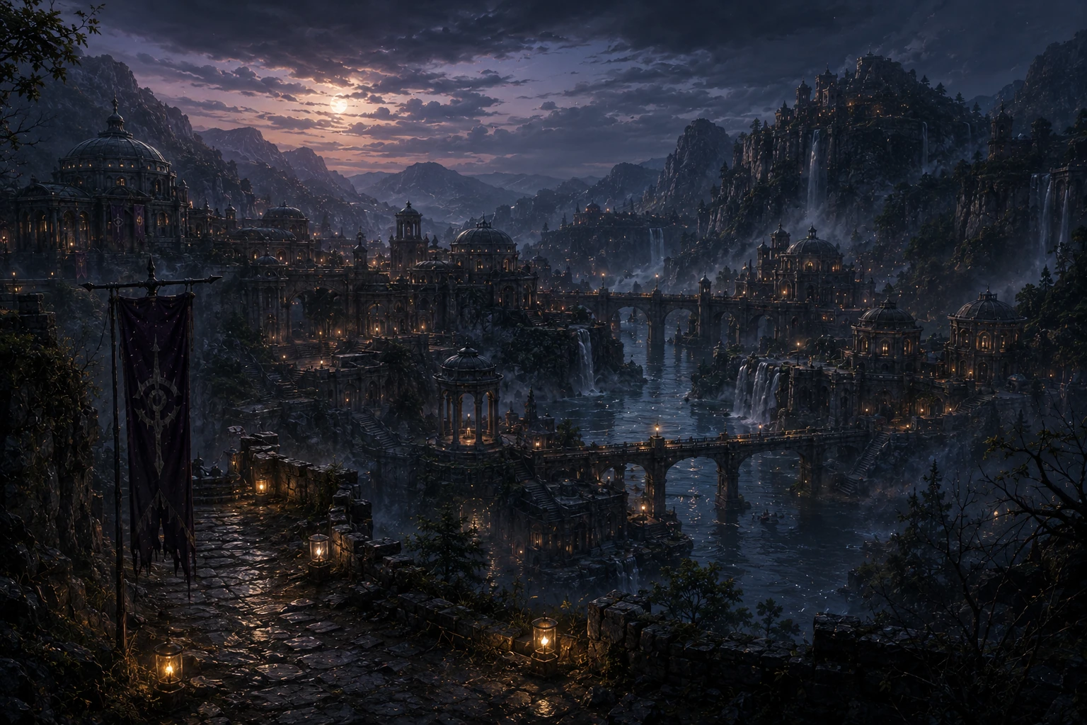 Mountain city in mist and moonlight